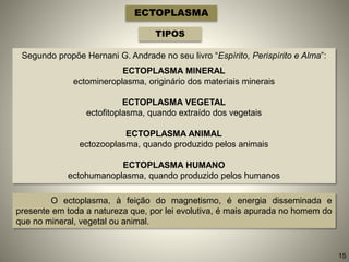 ECTOPLASMA
TIPOS
Segundo propõe Hernani G. Andrade no seu livro “Espírito, Perispírito e Alma”:
ECTOPLASMA MINERAL
ectomineroplasma, originário dos materiais minerais
ECTOPLASMA VEGETAL
ectofitoplasma, quando extraído dos vegetais
ECTOPLASMA ANIMAL
ectozooplasma, quando produzido pelos animais
ECTOPLASMA HUMANO
ectohumanoplasma, quando produzido pelos humanos
O ectoplasma, à feição do magnetismo, é energia disseminada e
presente em toda a natureza que, por lei evolutiva, é mais apurada no homem do
que no mineral, vegetal ou animal.
15
 