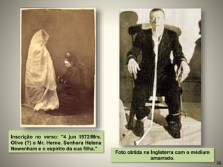 Inscrição no verso: "4 jun 1872/Mrs.
Olive (?) e Mr. Herne. Senhora Helena
Newenham e o espírito da sua filha."
Foto obtida na Inglaterra com o médium
amarrado.
36
 