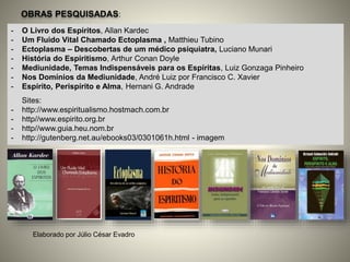 - O Livro dos Espíritos, Allan Kardec
- Um Fluido Vital Chamado Ectoplasma , Matthieu Tubino
- Ectoplasma – Descobertas de um médico psiquiatra, Luciano Munari
- História do Espiritismo, Arthur Conan Doyle
- Mediunidade, Temas Indispensáveis para os Espíritas, Luiz Gonzaga Pinheiro
- Nos Domínios da Mediunidade, André Luiz por Francisco C. Xavier
- Espírito, Perispírito e Alma, Hernani G. Andrade
Sites:
- http://www.espiritualismo.hostmach.com.br
- http//www.espirito.org.br
- http//www.guia.heu.nom.br
- http://gutenberg.net.au/ebooks03/0301061h.html - imagem
Elaborado por Júlio César Evadro
OBRAS PESQUISADAS:
 