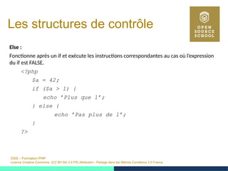 OSS – Formation PHP
Licence Creative Commons (CC BY-SA 3.0 FR) Attribution - Partage dans les Mêmes Conditions 3.0 France
Les structures de contrôle
Else :
Fonctionne après un if et exécute les instructions correspondantes au cas où l’expression
du if est FALSE.
<?php
$a = 42;
if ($a > 1) {
echo ’Plus que 1’;
} else {
echo ’Pas plus de 1’;
}
?>
 