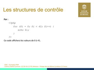 OSS – Formation PHP
Licence Creative Commons (CC BY-SA 3.0 FR) Attribution - Partage dans les Mêmes Conditions 3.0 France
Les structures de contrôle
For :
<?php
for ($i = 0; $i < 42; $i++) {
echo $i;
}
?>
Ce code affichera les valeurs de 0 à 41.
 