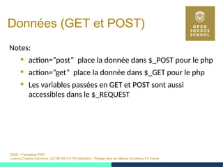 OSS – Formation PHP
Licence Creative Commons (CC BY-SA 3.0 FR) Attribution - Partage dans les Mêmes Conditions 3.0 France
Données (GET et POST)
Notes:
 action=”post” place la donnée dans $_POST pour le php
 action=”get” place la donnée dans $_GET pour le php
 Les variables passées en GET et POST sont aussi
accessibles dans le $_REQUEST
 