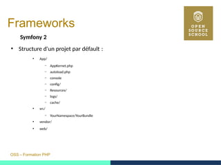 OSS – Formation PHP
Frameworks
Symfony 2
●
Structure d'un projet par défault : 
●
App/
– AppKernet.php
– autoload.php
– console
– config/
– Resources/
– logs/
– cache/
●
src/
– YourNamespace/YourBundle
●
vendor/
●
web/
 