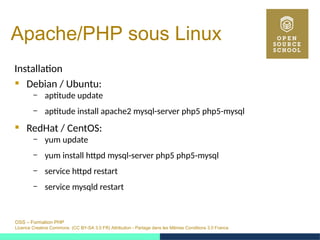 OSS – Formation PHP
Licence Creative Commons (CC BY-SA 3.0 FR) Attribution - Partage dans les Mêmes Conditions 3.0 France
Apache/PHP sous Linux
Installation
 Debian / Ubuntu:
– aptitude update
– aptitude install apache2 mysql-server php5 php5-mysql
 RedHat / CentOS:
– yum update
– yum install httpd mysql-server php5 php5-mysql
– service httpd restart
– service mysqld restart
 