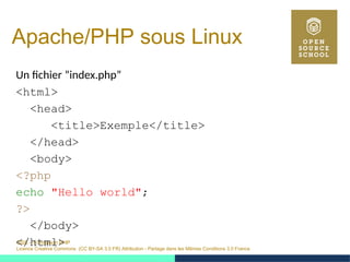 OSS – Formation PHP
Licence Creative Commons (CC BY-SA 3.0 FR) Attribution - Partage dans les Mêmes Conditions 3.0 France
Apache/PHP sous Linux
Un fichier ”index.php”
<html>
<head>
<title>Exemple</title>
</head>
<body>
<?php
echo "Hello world";
?>
</body>
</html>
 