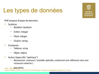 OSS – Formation PHP
Licence Creative Commons (CC BY-SA 3.0 FR) Attribution - Partage dans les Mêmes Conditions 3.0 France
Les types de données
PHP propose 8 types de données:
 Scalaires
– Booléen: boolean
– Entier: integer
– Float: integer
– Chaîne: string
 Composés
– Tableau: array
– Objet: object
 Autres (types dits ”spéciaux”)
– Ressources: resource ( variable spéciale, contenant une référence vers une
ressource externe )
– Nul: NULL
 
