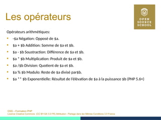 OSS – Formation PHP
Licence Creative Commons (CC BY-SA 3.0 FR) Attribution - Partage dans les Mêmes Conditions 3.0 France
Les opérateurs
Opérateurs arithmétiques:
 -$a Négation: Opposé de $a.
 $a + $b Addition: Somme de $a et $b.
 $a - $b Soustraction: Différence de $a et $b.
 $a * $b Multiplication: Produit de $a et $b.
 $a /$b Division: Quotient de $a et $b.
 $a % $b Modulo: Reste de $a divisé par$b.
 $a ** $b Exponentielle: Résultat de l’élévation de $a à la puissance $b (PHP 5.6+)
 