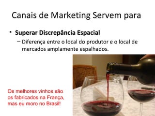Canais de Marketing Servem para
• Superar Discrepância Espacial
    – Diferença entre o local do produtor e o local de
      mercados amplamente espalhados.




Os melhores vinhos são
os fabricados na França,
mas eu moro no Brasil!
 