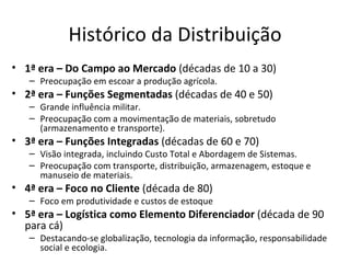 Histórico da Distribuição
• 1ª era – Do Campo ao Mercado (décadas de 10 a 30)
   – Preocupação em escoar a produção agrícola.
• 2ª era – Funções Segmentadas (décadas de 40 e 50)
   – Grande influência militar.
   – Preocupação com a movimentação de materiais, sobretudo
     (armazenamento e transporte).
• 3ª era – Funções Integradas (décadas de 60 e 70)
   – Visão integrada, incluindo Custo Total e Abordagem de Sistemas.
   – Preocupação com transporte, distribuição, armazenagem, estoque e
     manuseio de materiais.
• 4ª era – Foco no Cliente (década de 80)
   – Foco em produtividade e custos de estoque
• 5ª era – Logística como Elemento Diferenciador (década de 90
  para cá)
   – Destacando-se globalização, tecnologia da informação, responsabilidade
     social e ecologia.
 