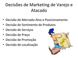 Decisões de Marketing de Varejo e
                Atacado
•   Decisão de Mercado-Alvo e Posicionamento
•   Decisão de Sortimento de Produtos
•   Decisão de Serviços
•   Decisão de Preço
•   Decisão de Promoção
•   Decisão de Localização
 