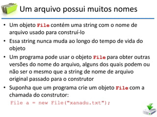 Um arquivo possui muitos nomes 
•Um objeto File contém uma string com o nome de arquivo usado para construí-lo 
•Essa string nunca muda ao longo do tempo de vida do objeto 
•Um programa pode usar o objeto File para obter outras versões do nome do arquivo, alguns dos quais podem ou não ser o mesmo que a string de nome de arquivo original passado para o construtor 
•Suponha que um programa crie um objeto File com a chamada do construtor: 
File a = new File("xanadu.txt");  