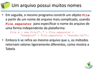 Um arquivo possui muitos nomes 
•Em seguida, o mesmo programa constrói um objeto File a partir de um nome de arquivo mais complicado, usando File.separator para especificar o nome do arquivo de uma forma independente da plataforma: 
File b = new File(".." + File.separator + "exemplos" + File.separator + "xanadu.txt"); 
•Embora b se refira ao mesmo arquivo que a, os métodos retornam valores ligeiramente diferentes, como mostra a Tabela  