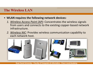 Suez Canal University – Faculty of Computers & Informatics - Cisco Local Academy
The Wireless LAN
• WLAN requires the following network devices:
1. Wireless Access Point (AP): Concentrates the wireless signals
from users and connects to the existing copper-based network
infrastructure.
2. Wireless NIC: Provides wireless communication capability to
each network host.
 