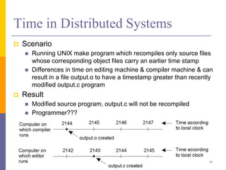 Time in Distributed Systems
 Scenario
 Running UNIX make program which recompiles only source files
whose corresponding object files carry an earlier time stamp
 Differences in time on editing machine & compiler machine & can
result in a file output.o to have a timestamp greater than recently
modified output.c program
 Result
 Modified source program, output.c will not be recompiled
 Programmer???
11
 