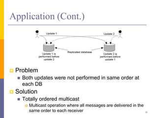 Application (Cont.)
 Problem
 Both updates were not performed in same order at
each DB
 Solution
 Totally ordered multicast
 Multicast operation where all messages are delivered in the
same order to each receiver 31
 