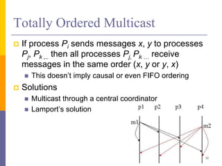 Totally Ordered Multicast
 If process Pi sends messages x, y to processes
Pj, Pk ,.. then all processes Pj, Pk … receive
messages in the same order (x, y or y, x)
 This doesn’t imply causal or even FIFO ordering
 Solutions
 Multicast through a central coordinator
 Lamport’s solution
32
 