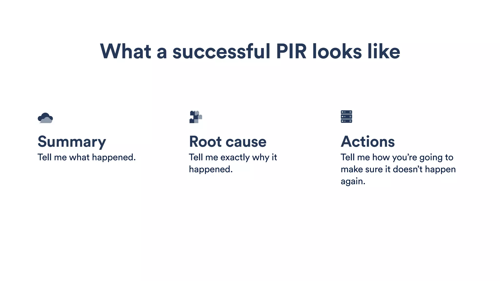 Summary
Tell me what happened.
Root cause
Tell me exactly why it
happened.
Actions
Tell me how you’re going to
make sure it doesn’t happen
again.
What a successful PIR looks like
 