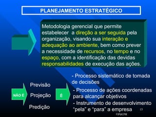 PLANEJAMENTO ESTRATÉGICO Metodologia gerencial que permite estabelecer  a  direção a ser seguida  pela organização, visando sua  interação e   adequação ao ambiente , bem como prever a necessidade de  recursos , no  tempo  e no  espaço , com a identificação das devidas  responsabilidades  de execução das ações. Previsão Projeção Predição - Processo sistemático de tomada de decisões - Processo de ações coordenadas para alcançar objetivos - Instrumento de desenvolvimento “pela” e “para” a empresa NÃO É É 