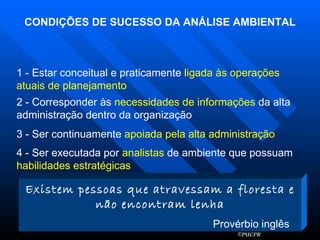 CONDIÇÕES DE SUCESSO DA ANÁLISE AMBIENTAL 1 - Estar conceitual e praticamente  ligada às operações atuais de planejamento 2 - Corresponder às  necessidades de informações  da alta administração dentro da organização 3 - Ser continuamente  apoiada pela alta administração 4 - Ser executada por  analistas  de ambiente que possuam  habilidades estratégicas Existem pessoas que atravessam a floresta e não encontram lenha Provérbio inglês 