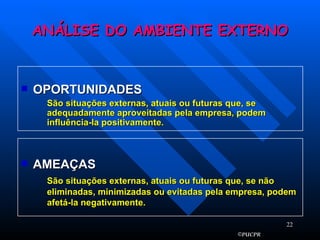ANÁLISE DO AMBIENTE EXTERNO OPORTUNIDADES São situações externas, atuais ou futuras que, se adequadamente aproveitadas pela empresa, podem influência-la positivamente. AMEAÇAS São situações externas, atuais ou futuras que, se não eliminadas, minimizadas ou evitadas pela empresa, podem afetá-la negativamente. 