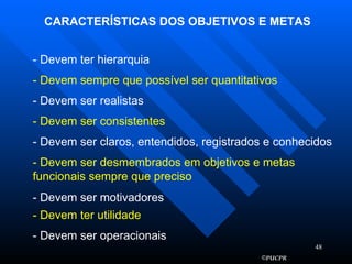 CARACTERÍSTICAS DOS OBJETIVOS E METAS - Devem ter hierarquia - Devem sempre que possível ser quantitativos - Devem ser realistas - Devem ser consistentes - Devem ser claros, entendidos, registrados e conhecidos - Devem ser desmembrados em objetivos e metas funcionais sempre que preciso - Devem ser motivadores - Devem ter utilidade - Devem ser operacionais 