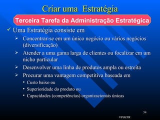 Criar uma  Estratégia Uma Estratégia consiste em  Concentrar-se em um único negócio ou vários negócios (diversificação) Atender a uma gama larga de clientes ou focalizar em um nicho particular Desenvolver uma linha de produtos ampla ou estreita Procurar uma vantagem competitiva baseada em Custo baixo ou Superioridade do produto ou Capacidades (competências) organizacionais únicas Terceira Tarefa da Administração Estratégica 