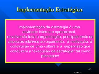 Implementação Estratégica Implementação da estratégia é uma  atividade interna e operacional,  envolvendo toda a organização, principalmente os aspectos relativos ao orçamento,  à motivação, à construção de uma cultura e à  supervisão que conduzem a “execução da estratégia” tal como planejado! 