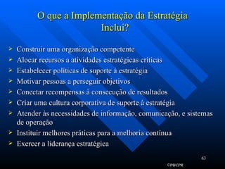 O que a Implementação da Estratégia   Inclui? Construir uma organização competente Alocar recursos a atividades estratégicas críticas Estabelecer políticas de suporte à estratégia Motivar pessoas a perseguir objetivos Conectar recompensas à consecução de resultados Criar uma cultura corporativa de suporte à estratégia Atender às necessidades de informação, comunicação, e sistemas de operação Instituir melhores práticas para a melhoria contínua Exercer a liderança estratégica  