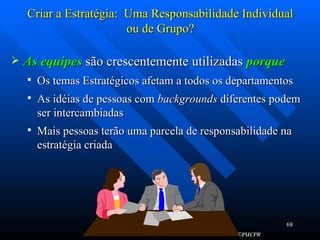 Criar a Estratégia:  Uma Responsabilidade Individual ou de Grupo? As equipes  são crescentemente utilizadas  porque   Os temas Estratégicos afetam a todos os departamentos As idéias de pessoas com  backgrounds  diferentes podem ser intercambiadas Mais pessoas terão uma parcela de responsabilidade na estratégia criada 