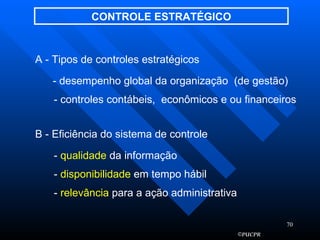 CONTROLE ESTRATÉGICO A - Tipos de controles estratégicos - desempenho global da organização  (de gestão) - controles contábeis,  econômicos e ou financeiros B - Eficiência do sistema de controle -  qualidade  da informação -  disponibilidade  em tempo hábil  -  relevância  para a ação administrativa 