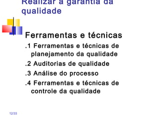 12/33
Realizar a garantia da
qualidade
Ferramentas e técnicas
.1 Ferramentas e técnicas de
planejamento da qualidade
.2 Auditorias de qualidade
.3 Análise do processo
.4 Ferramentas e técnicas de
controle da qualidade
 