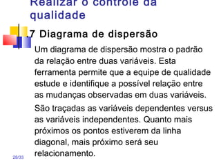 28/33
Realizar o controle da
qualidade
.7 Diagrama de dispersão
Um diagrama de dispersão mostra o padrão
da relação entre duas variáveis. Esta
ferramenta permite que a equipe de qualidade
estude e identifique a possível relação entre
as mudanças observadas em duas variáveis.
São traçadas as variáveis dependentes versus
as variáveis independentes. Quanto mais
próximos os pontos estiverem da linha
diagonal, mais próximo será seu
relacionamento.
 