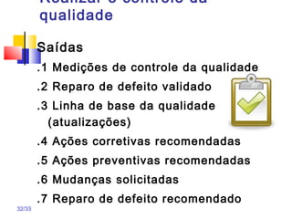 32/33
Realizar o controle da
qualidade
Saídas
.1 Medições de controle da qualidade
.2 Reparo de defeito validado
.3 Linha de base da qualidade
(atualizações)
.4 Ações corretivas recomendadas
.5 Ações preventivas recomendadas
.6 Mudanças solicitadas
.7 Reparo de defeito recomendado
 