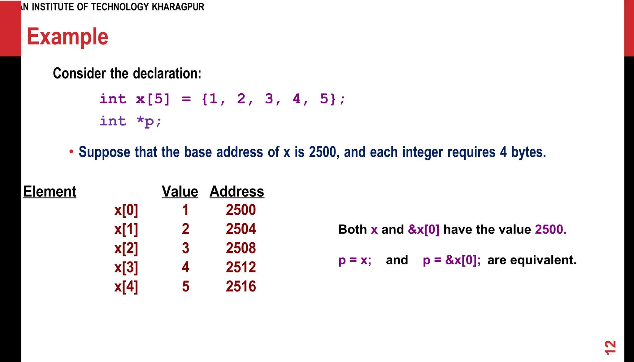 INDIAN INSTITUTE OF TECHNOLOGY KHARAGPUR Example Consider the declaration: int x[5] = {1, 2, 3, 4, 5}; int *p; • Suppose that the base address of x is 2500, and each integer requires 4 bytes. Element Value Address Both x and &x[0] have the value 2500. p = x; and p = &x[0]; are equivalent. 12 x[0] 1 2500 x[1] 2 2504 x[2] 3 2508 x[3] 4 2512 x[4] 5 2516 