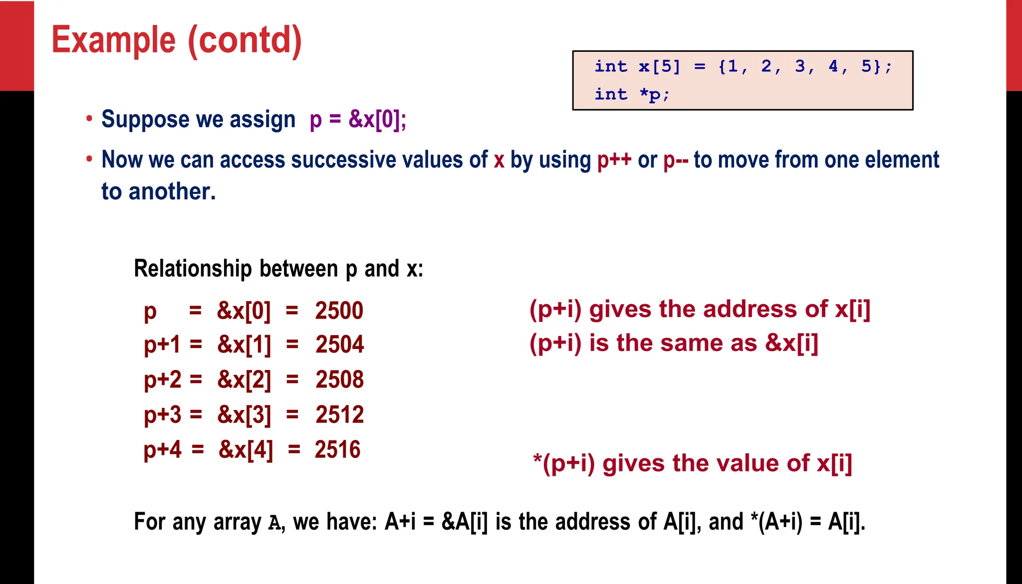 Example (contd) • Suppose we assign p = &x[0]; • Now we can access successive values of x by using p++ or p-- to move from one element to another. Relationship between p and x: p = &x[0] = 2500 (p+i) gives the address of x[i] p+1 = &x[1] = 2504 (p+i) is the same as &x[i] p+2 = &x[2] = 2508 p+3 = &x[3] = 2512 p+4 = &x[4] = 2516 *(p+i) gives the value of x[i] For any array A, we have: A+i = &A[i] is the address of A[i], and *(A+i) = A[i]. int x[5] = {1, 2, 3, 4, 5}; int *p; 