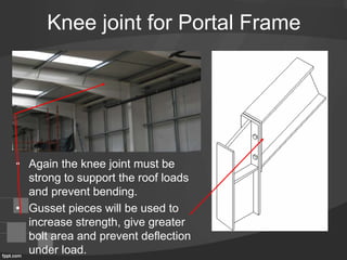 Knee joint for Portal Frame
• Again the knee joint must be
strong to support the roof loads
and prevent bending.
• Gusset pieces will be used to
increase strength, give greater
bolt area and prevent deflection
under load.
 