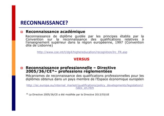 RECONNAISSANCE?
Reconnaissance académique
Reconnaissance de diplôme guidée par les principes établis par la
Convention sur la reconnaissance des qualifications relatives à
l’enseignement supérieur dans la région européenne, 1997 (Convention
dite de Lisbonne)
http://www.coe.int/t/dg4/highereducation/recognition/lrc_FR.asp
VERSUS
Reconnaissance professionnelle – Directive
2005/36/CE*– professions réglementées
Mécanismes de reconnaissance des qualifications professionnelles pour les
diplômes obtenus dans un pays membre de l’Espace économique européen
http://ec.europa.eu/internal_market/qualifications/policy_developments/legislation/i
ndex_en.htm
* La Directive 2005/36/CE a été modifiée par la Directive 2013/55/UE
 