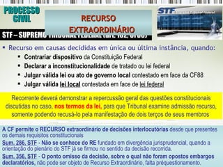 PROCESSO CIVIL STF – SUPREMO TRIBUNAL FEDERAL (art. 102, CF88) Recurso em causas decididas em única ou última instância, quando:  Contrariar dispositivo  da Constituição Federal Declarar a inconstitucionalidade  de tratado ou lei federal Julgar válida lei ou ato de governo local  contestado em face da CF88   Julgar válida  lei local  contestada em face de  lei federal     A CF permite o RECURSO extraordinário de decisões interlocutórias  desde que presentes os demais requisitos constitucionais  Sum. 286, STF  -  Não se conhece   do RE  fundado em divergência jurisprudencial, quando a orientação do plenário do STF já se firmou no sentido da decisão recorrida.  Sum. 356, STF  -  O ponto omisso da decisão, sobre o qual não foram opostos embargos declaratórios,  não pode ser objeto de Recurso Extraordinário, falta préquestionamento.   RECURSO EXTRAORDINÁRIO Recorrente deverá demonstrar a repercussão geral das questões constitucionais discutidas no caso,   nos termos da lei,   para que Tribunal examine admissão recurso, somente podendo recusá-lo pela manifestação de dois terços de seus membros   