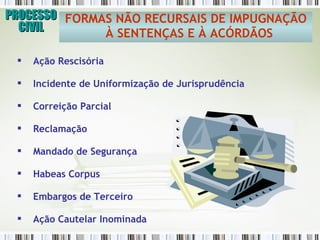 PROCESSO CIVIL FORMAS NÃO RECURSAIS DE IMPUGNAÇÃO À SENTENÇAS E À ACÓRDÃOS   Ação Rescisória Incidente de Uniformização de Jurisprudência Correição Parcial  Reclamação Mandado de Segurança Habeas Corpus Embargos de Terceiro  Ação Cautelar Inominada   