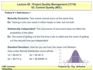 Lecture 08 : Project Quality Management (17/18)
03. Control Quality (M/C)
PMP Lectures Prepared By: Eng. Mohamed
ElSaadany
Follow # < Definitions >
Mutually Exclusive: Two events cannot occur at the same time
Ex: Tossing a coin can result in either heads or tails, but not both
Statistically Independent: The occurrence of one event does not affect the
probability of the other
Ex: The event of getting a 6 the first time a die is rolled and the event of getting
a 6 the second time are independent
Standard Deviation: How far you are from the mean (not Median)
Area under Normal Distribution curve will be:
1σ = 68.26 % 2σ = 95.46 %
3σ = 99.73 % 6σ = 99.99985 %
 