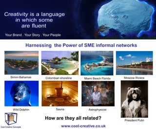 Your Brand . Your Story . Your People

Harnessing the Power of SME informal networks

Bimini Bahamas

Wild Dolphin

Colombian shoreline

Sauna

Miami Beach Florida

Moscow Riviera

Astrophysicist

How are they all related?
www.cool-creative.co.uk

President Putin

 