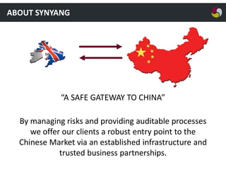 ABOUT SYNYANG

“A SAFE GATEWAY TO CHINA”
By managing risks and providing auditable processes
we offer our clients a robust entry point to the
Chinese Market via an established infrastructure and
trusted business partnerships.

 