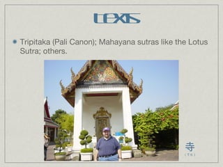 Texts Tripitaka (Pali Canon); Mahayana sutras like the Lotus Sutra; others. 寺 （てら） 