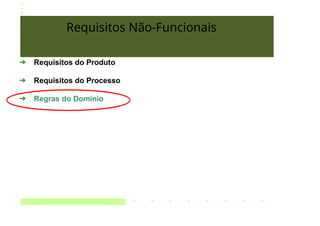 Requisitos Não-Funcionais
➔ Requisitos do Produto
➔ Requisitos do Processo
➔ Regras do Domínio
 
