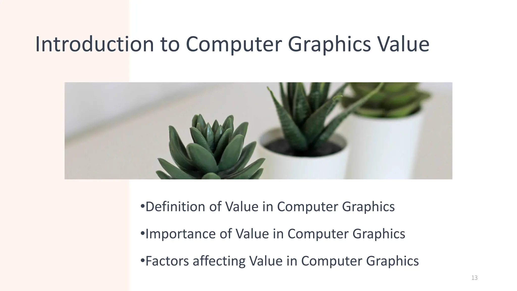 Introduction to Computer Graphics Value
•Definition of Value in Computer Graphics
•Importance of Value in Computer Graphics
•Factors affecting Value in Computer Graphics
13
 