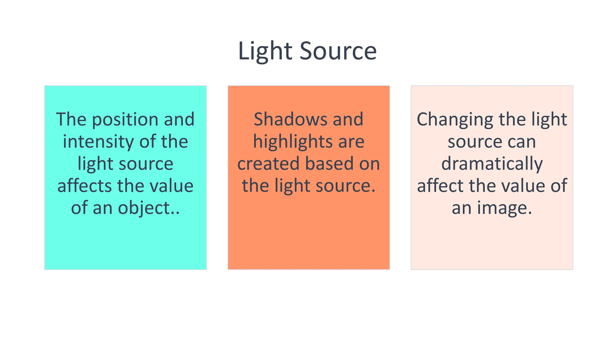 Light Source
The position and
intensity of the
light source
affects the value
of an object..
20XX
Shadows and
highlights are
created based on
the light source.
Pitch deck title
Changing the light
source can
dramatically
affect the value of
an image.
17
 