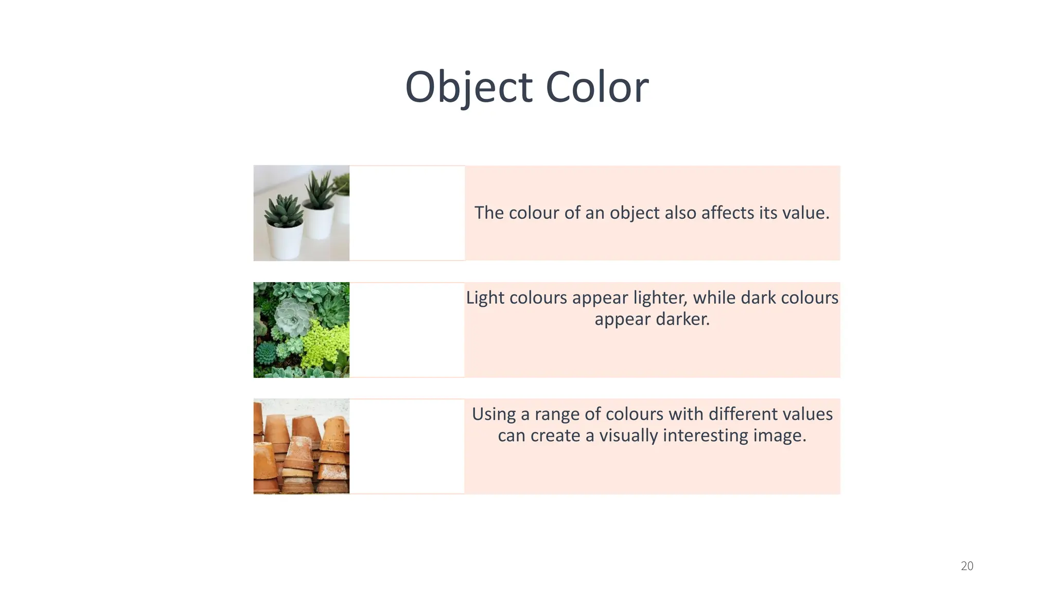 Object Color
The colour of an object also affects its value.
Light colours appear lighter, while dark colours
appear darker.
Using a range of colours with different values
can create a visually interesting image.
20
 