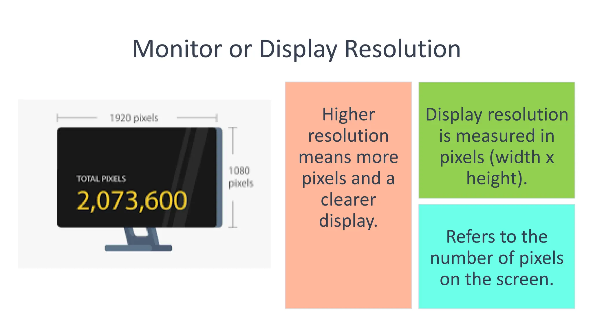Monitor or Display Resolution
Refers to the
number of pixels
on the screen.
20XX
Higher
resolution
means more
pixels and a
clearer
display.
Pitch deck title
Display resolution
is measured in
pixels (width x
height).
6
 