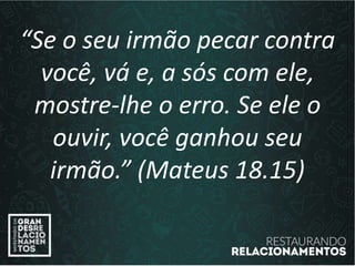 “Se o seu irmão pecar contra
você, vá e, a sós com ele,
mostre-lhe o erro. Se ele o
ouvir, você ganhou seu
irmão.” (Mateus 18.15)
 