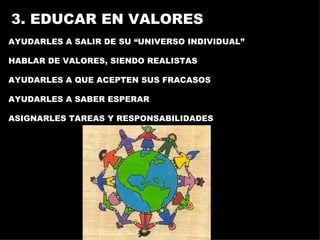 3. EDUCAR EN VALORES AYUDARLES A SALIR DE SU “UNIVERSO INDIVIDUAL” HABLAR DE VALORES, SIENDO REALISTAS AYUDARLES A QUE ACEPTEN SUS FRACASOS AYUDARLES A SABER ESPERAR ASIGNARLES TAREAS Y RESPONSABILIDADES 